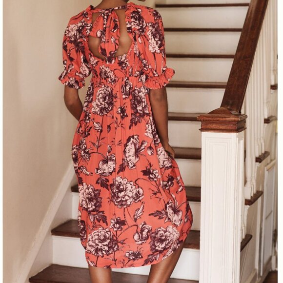 Anthropologie Dresses & Skirts - Anthropologie Puff-Sleeve Smocked Dress Midi Floral Orange Size Small